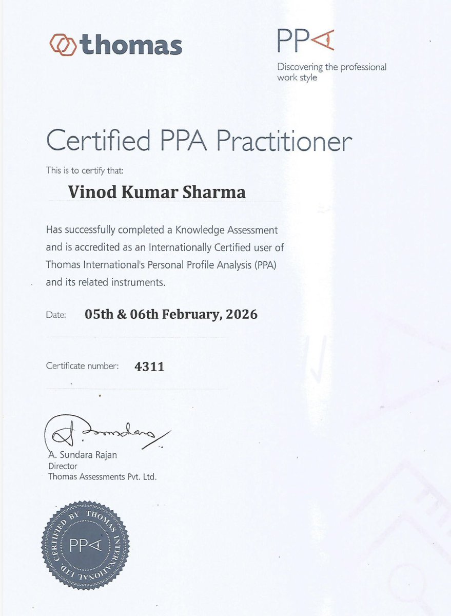 Coachvksharma's tweet image. I am happy to share that I have been certified in Thomas assessment ( as PPA Practitioner). 
#coaching      #icfcoaching #assessments #awareness #certifiedcoach  #leaders #GenerationZ  #GenZ #mastercoach