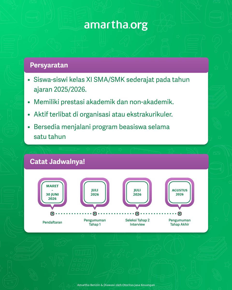 raaaiiiii02's tweet photo. BEASISWA SMA/SMK/MA DI SELURUH INDONESIA!

Beasiswa Amartha Cendekia 2026 kembali dibuka! Untuk kamu siswa kelas 11 yang lanjut ke kelas 12 dan ingin berkembang!
🗓️Daftar sebelum 30 Juni 2025 
🔗https://t.co/DKGNE7hhME https://t.co/ya7RJ3q8ls