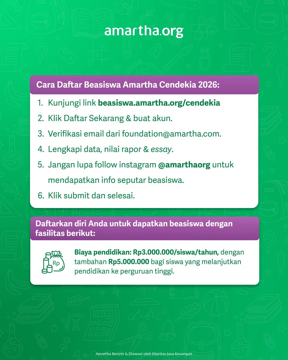 raaaiiiii02's tweet photo. BEASISWA SMA/SMK/MA DI SELURUH INDONESIA!

Beasiswa Amartha Cendekia 2026 kembali dibuka! Untuk kamu siswa kelas 11 yang lanjut ke kelas 12 dan ingin berkembang!
🗓️Daftar sebelum 30 Juni 2025 
🔗https://t.co/DKGNE7hhME https://t.co/ya7RJ3q8ls