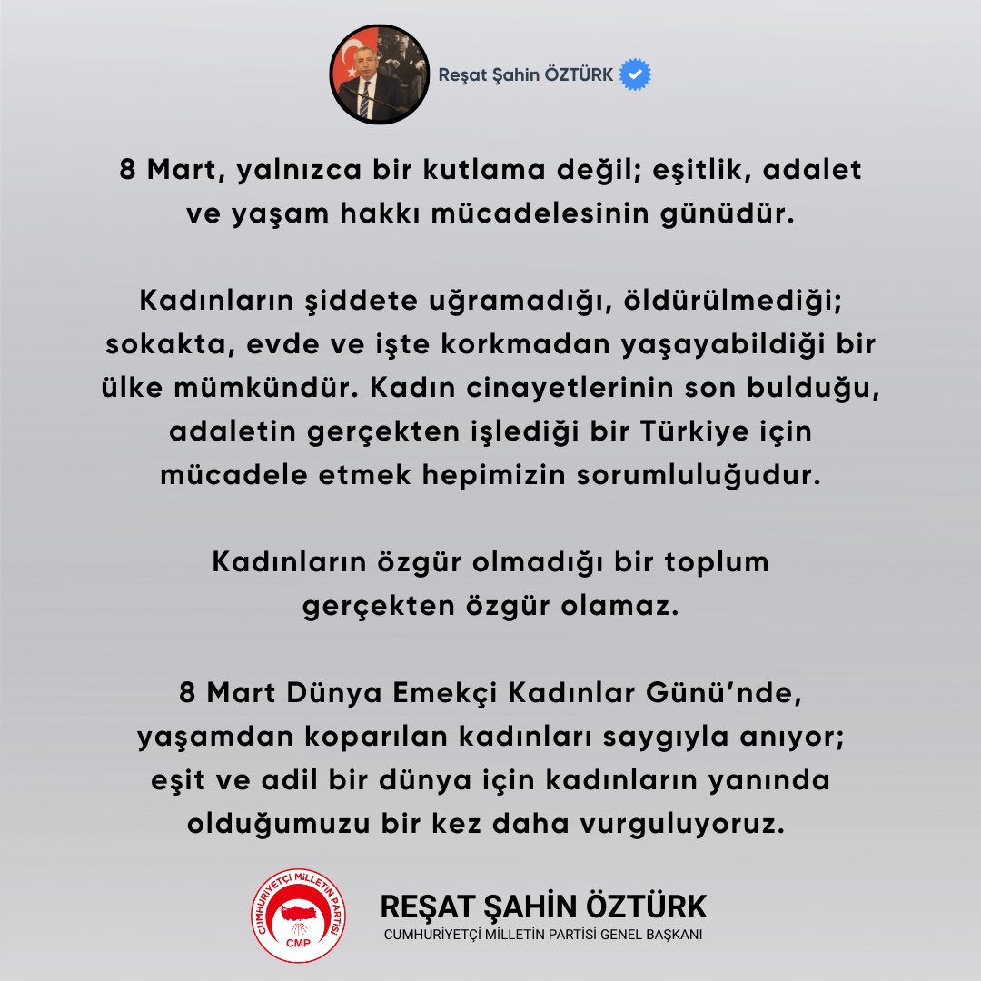 8 Mart, yalnızca bir kutlama değil; eşitlik, adalet ve yaşam hakkı mücadelesinin günüdür.

Kadınların şiddete uğramadığı, öldürülmediği; sokakta, evde ve işte korkmadan yaşayabildiği bir ülke mümkündür. Kadın cinayetlerinin son bulduğu, adaletin gerçekten işlediği bir Türkiye