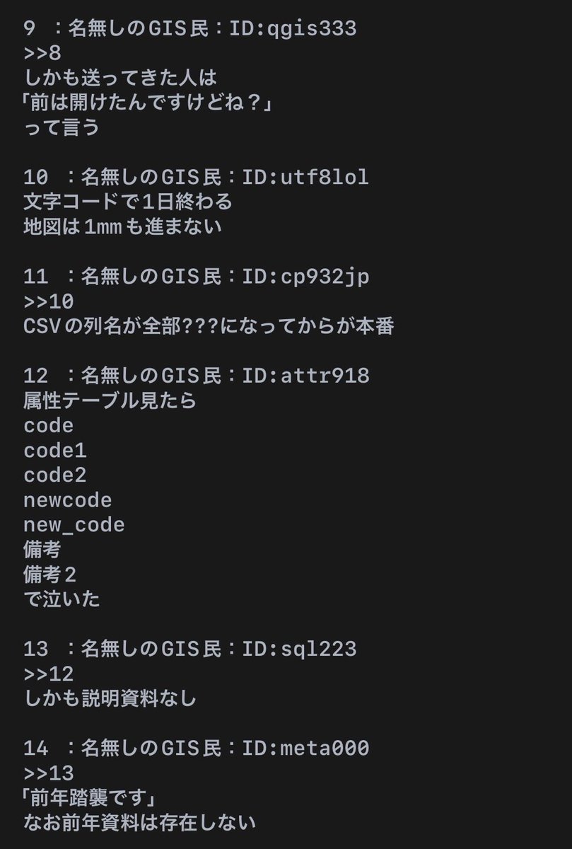 AIの考える「GISあるある」マジで草。
あるあるすぎる。

IDもおもろい