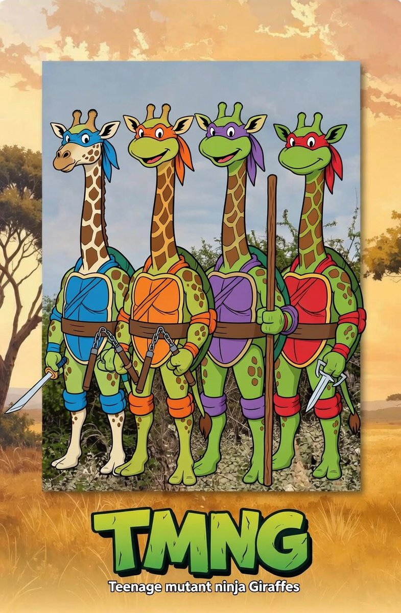 TMNT? 

Nah. It's TMNG – Teenage Mutant Ninja $Giraffes ⚔️ 

#MemeContest