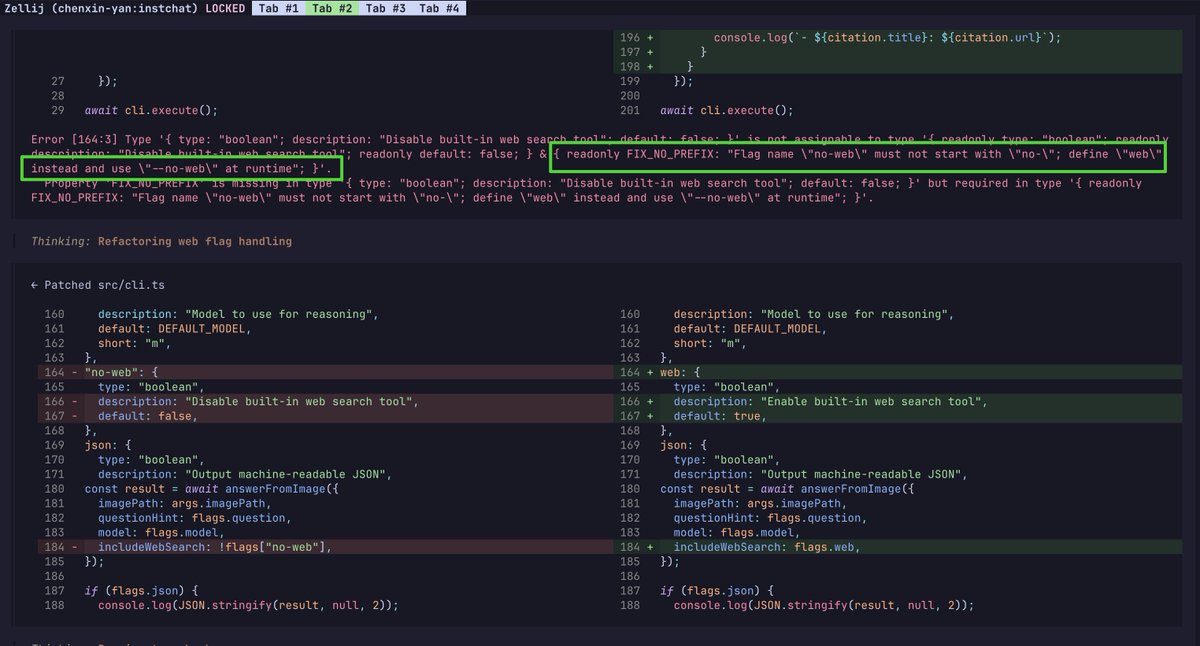 chenxinyan04's tweet photo. This is why type-safety is essential nowadays when coding with agents, and this is the level of type-safety you got when you are building CLIs with @crustjs 

The agent will correct itself to use the right pattern relying the feedback loop from typescript errors in real time. 

No fancy AGENTS.md setup or custom agent skills. Pure typescript wizardry.
