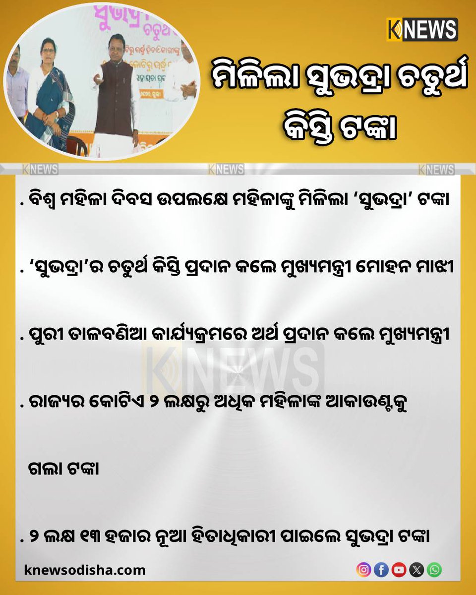 knews_odisha's tweet photo. ହିତାଧିକାରୀଙ୍କ ଆକାଉଣ୍ଟକୁ ଗଲା ସୁଭଦ୍ରା ଚତୁର୍ଥ କିସ୍ତି ଟଙ୍କା
#SubhadraYojana #4thInstallment #CMO #InternationalWomensDay #WomenEmpowerment #knewsodisha https://t.co/PseEihJrVP