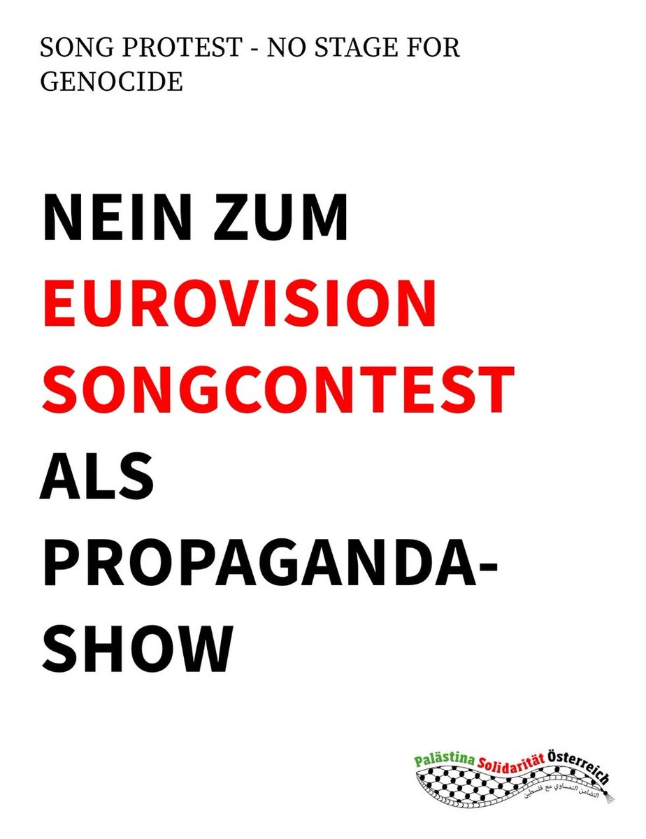 🇦🇹 An on-site protest against Israel's Eurovision 2026 participation on 16 May, the day of the final, has been announced by Palästina Solidarität Österreich.

It will take place between 14:00 and 17:00 CET and head from Christian-Broda-Platz to Vogelweidpark/Wiener Stadthalle.