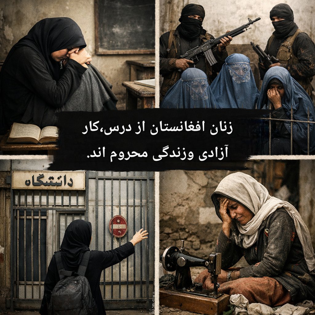D_Ahmedi123's tweet photo. ۸ مارچ، روز جهانی زن.
اما در افغانستانِ زیر حاکمیت طالبان، زنان از درس، کار، سفر، پارک، دانشگاه و حتی ساده‌ترین آزادی‌ها محروم شده‌اند.
میلیون‌ها زن عملاً در خانه‌ها زندانی‌اند.
این روز برای ما جشن نیست؛ یادآوری یک بی‌عدالتی بزرگ است.
#EndGenderApartheidInAfghanistan https://t.co/0EV7NfH2Pd