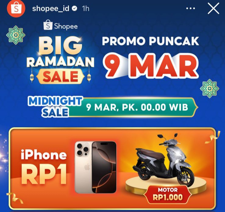 GhazianSalsabil's tweet photo. Banyak yang siap nunggu #ShopeeMidnightSaleMalamIni karena ada kesempatan dapetin iPhone Rp1 tiap 10 menit sama motor seribu rupiah. https://t.co/cu6haqIyB1