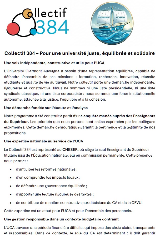 384Collectif's tweet photo. Elections conseils centraux - UCA
23 au 26 mars 2026
CA collège B
CFVU collège B
Votez C384 - La voix des ES !
#PE #PRAG #MCF #PU #PRCE #PLP #BIATSS #Contractuels #RIPEC @FranceUniv @BFMTV @TF1 @Francetele @franceinter @M6 @AssembleeNat @SebLecornu @PhBaptiste https://t.co/7b0gxBZoPn