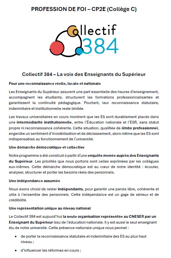 384Collectif's tweet photo. Elections conseils centraux - UCA
23 au 26 mars 2026
CP2E collège C et B (INP)
Votez C384 - La voix des ES !
#PE #PRAG #MCF #PU #PRCE #PLP #BIATSS #Contractuels #RIPEC @FranceUniv @BFMTV @TF1 @Francetele @franceinter @M6 @AssembleeNat @SebLecornu @PhBaptiste https://t.co/BnfNuHawBv