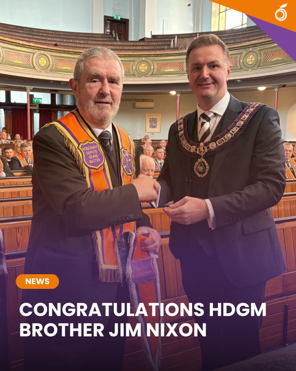 🎉 Congratulations to HDGM Brother Jim Nixon

At yesterday’s Grand Lodge in session, MWGM Brother Andrew Murray bestowed the honour of Honorary Depute Grand Master on Brother Nixon in recognition of his dedication and service to the Loyal Orange Institution of Scotland.