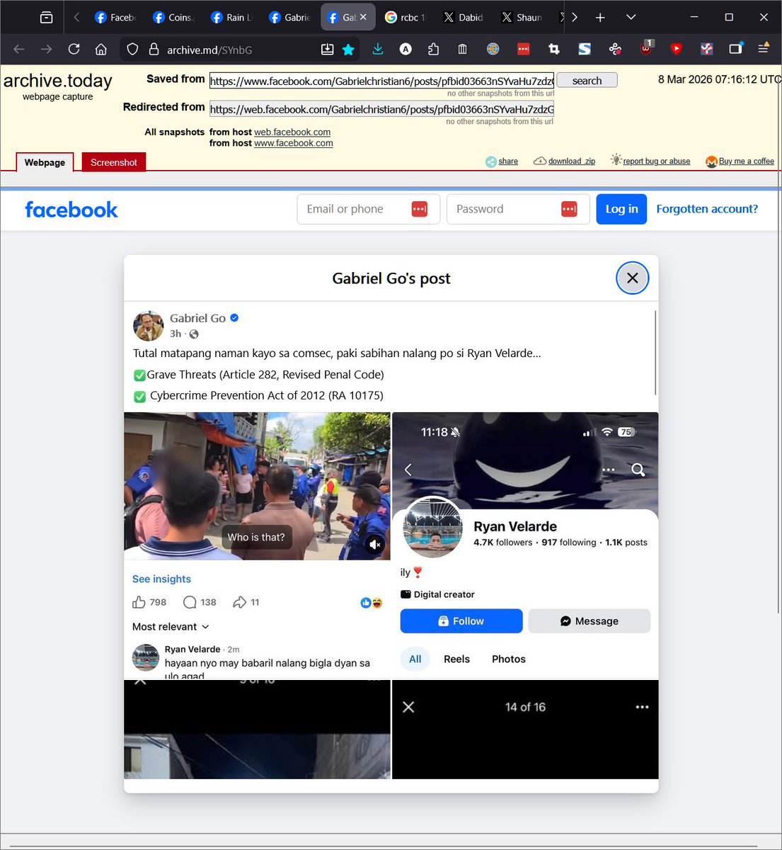 frustratedDoe's tweet image. ano na naman ka- #damingTANGA -han eto ? #HayNaku a certain "Ryan Velarde" commenting what could be construed as a #DeathThreat against MMDA .#govPH Executive Gabriel Go

archive.md/SYnbG -&amp;gt; web.facebook.com/Gabrielchristi…