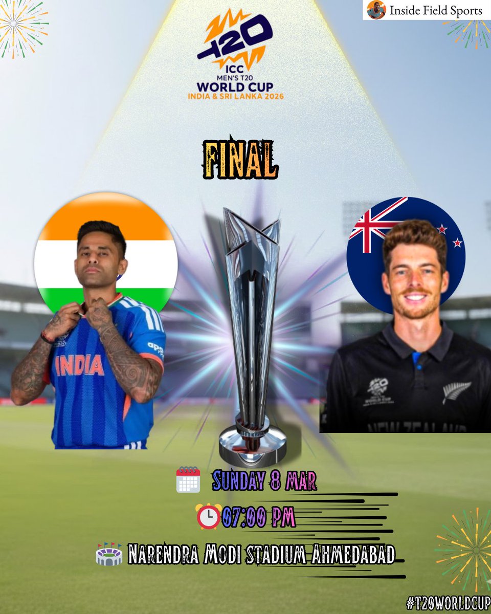The ultimate showdown is here! 🏆 India takes on New Zealand in the ICC Men's T20 World Cup Final at the massive Narendra Modi Stadium. 🇮🇳🇳🇿 Who will lift the trophy tonight? 🏏🔥

#T20WorldCup #INDvNZ #Finals #Ahmedabad #InsideFieldSports