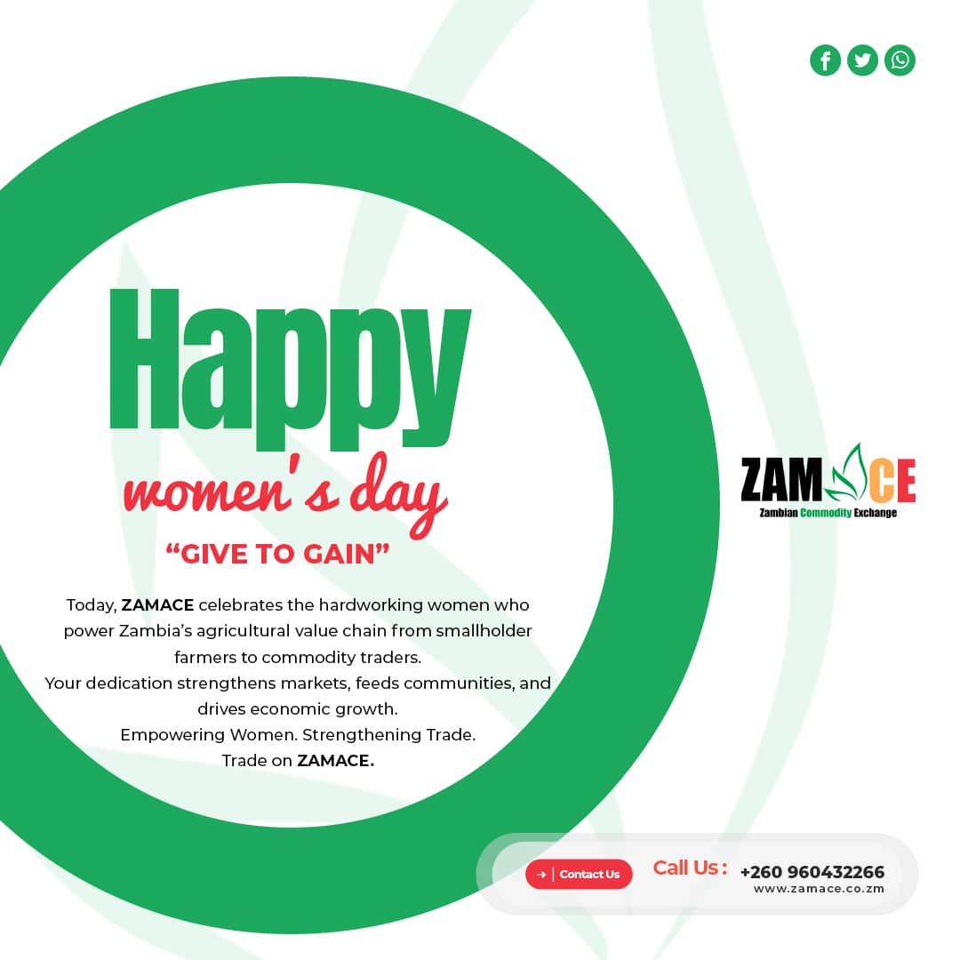 ZAMACE_Official's tweet photo. Happy International Women’s Day from Zamace
Today we celebrate the incredible women who power Zambia’s agricultural value chain from hardworking smallholder farmers to dedicated commodity traders. Your resilience, commitment, and passion continue to strengthen our markets https://t.co/Yh3akNmpj2