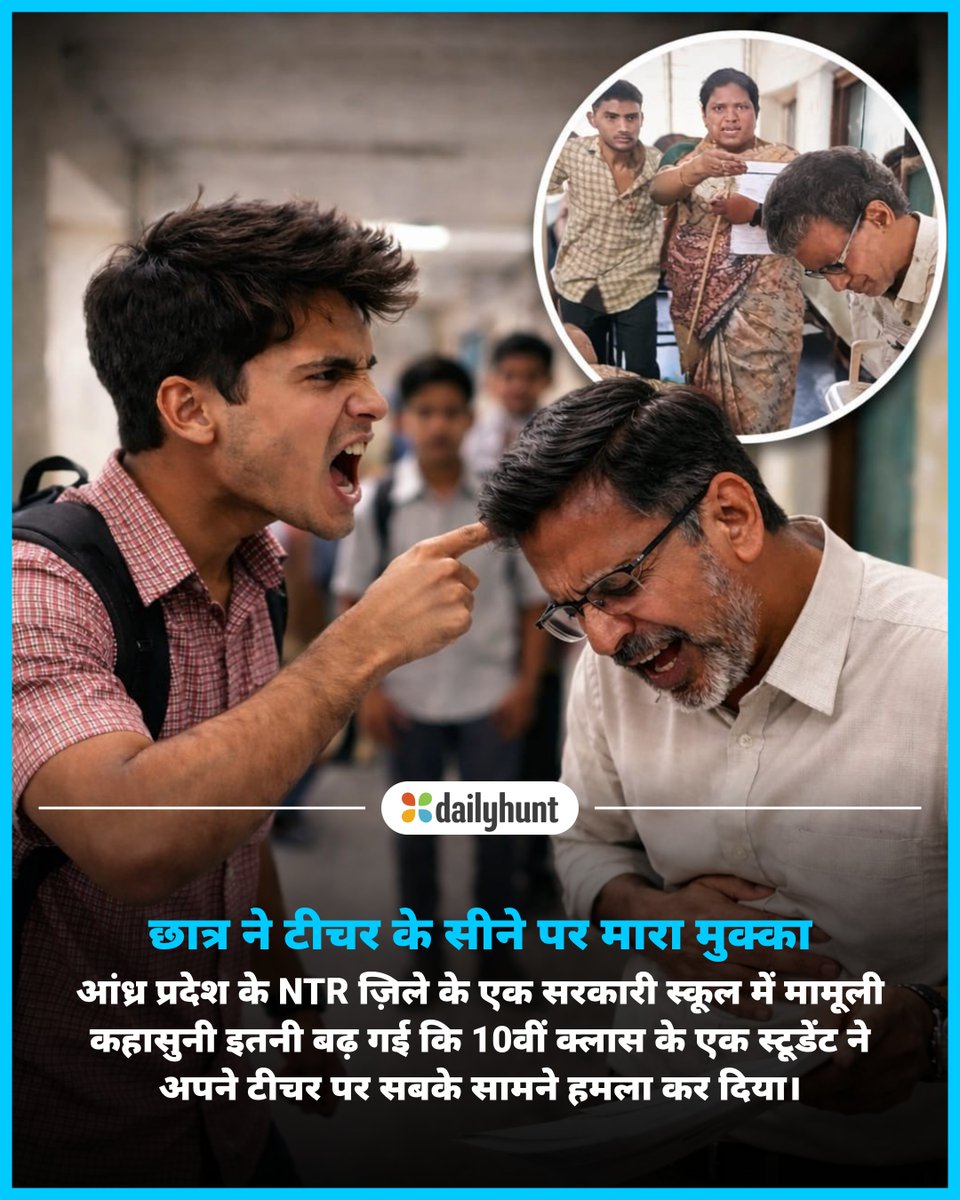DH_Hindi's tweet image. क्लास के दौरान हुए विवाद के बाद आंध्र प्रदेश के हाई स्कूल में छात्र ने गुस्से में आकर बुज़ुर्ग शिक्षक के सीने पर घूंसा जड़ दिया।
📸 Credit: AI

Samacharnama सहित अन्य भरोसेमंद न्यूज़ चैनलों पर पढ़ें पूरी खबर:
w.dhunt.in/13Enog?partner…

#AndhraPradesh #SchoolIncident #current