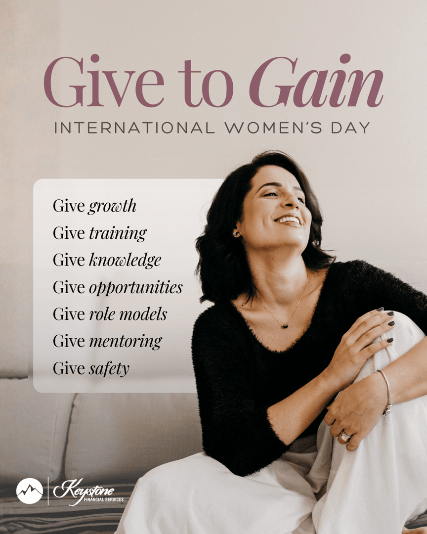 Keystone_Fin's tweet photo. This year’s International Women’s Day theme, “Give to Gain,” is a reminder that when we give, we all move forward. 

Progress builds when we invest in each other.

For personalized advice, please contact Keystone Financial Services, a registered investment adviser. https://t.co/TlYg9QbISH