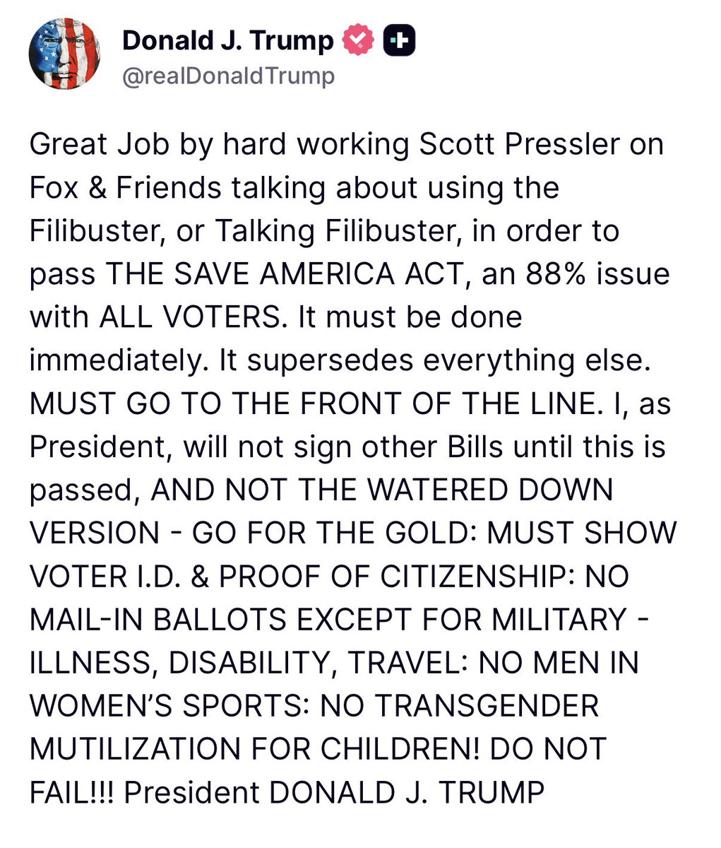 President Trump demands U.S. Senate prioritize the SAVE America Act