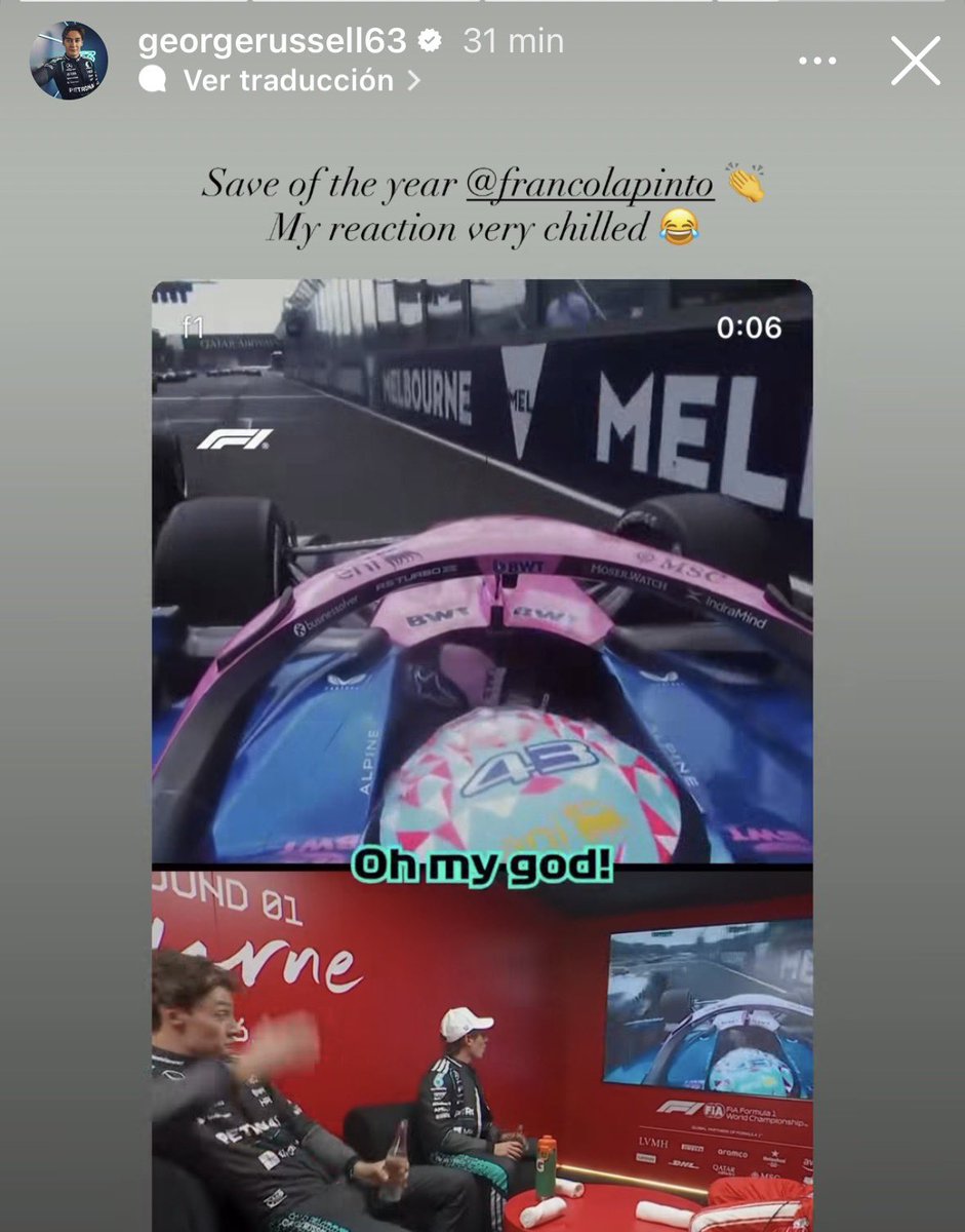 Russell subió a su historia la salvada de Colapinto en la largada, sigue sin poder creerlo el tipo jajsjsjaja