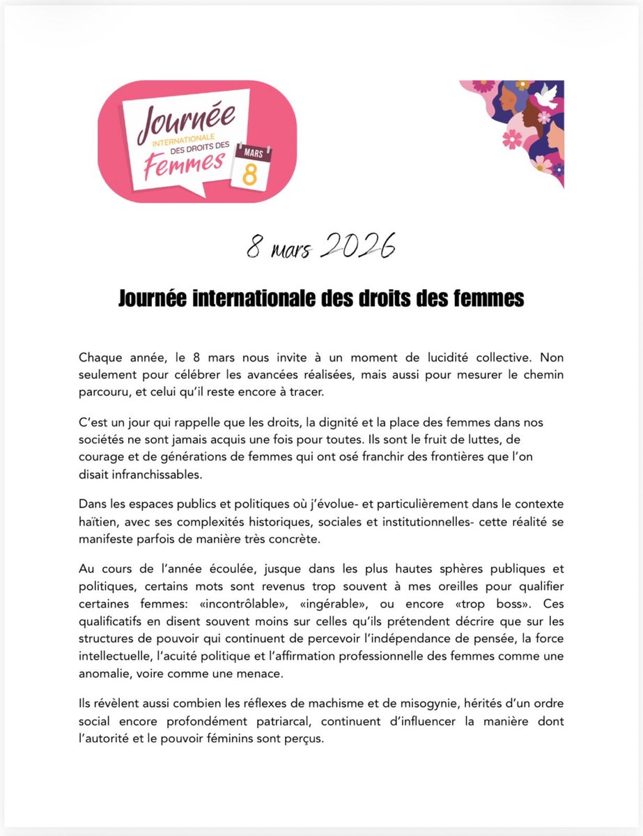 EstherAntoine17's tweet photo. En ce 8 mars, Journée internationale des droits des femmes, nous mesurons le chemin parcouru- et celui qu’il reste encore à tracer.

Dans l’espace public et politique, certaines femmes sont encore qualifiées d’«incontrôlables», d’«ingérables», ou de «trop boss».

Souvent simplement parce qu’elles pensent librement, parlent avec clarté et exercent leur leadership avec force, intelligence, conviction et cœur.

Mais l’histoire avance toujours dans le même sens: chaque fois qu’une femme franchit une frontière que l’on disait infranchissable, elle élargit l’horizon pour toutes les autres.

Continuons à avancer. À soutenir les femmes. Et à ouvrir encore davantage la voie aux générations qui viennent.

#8Mars #FemmesEnPolitique #Haiti @RED_Haiti