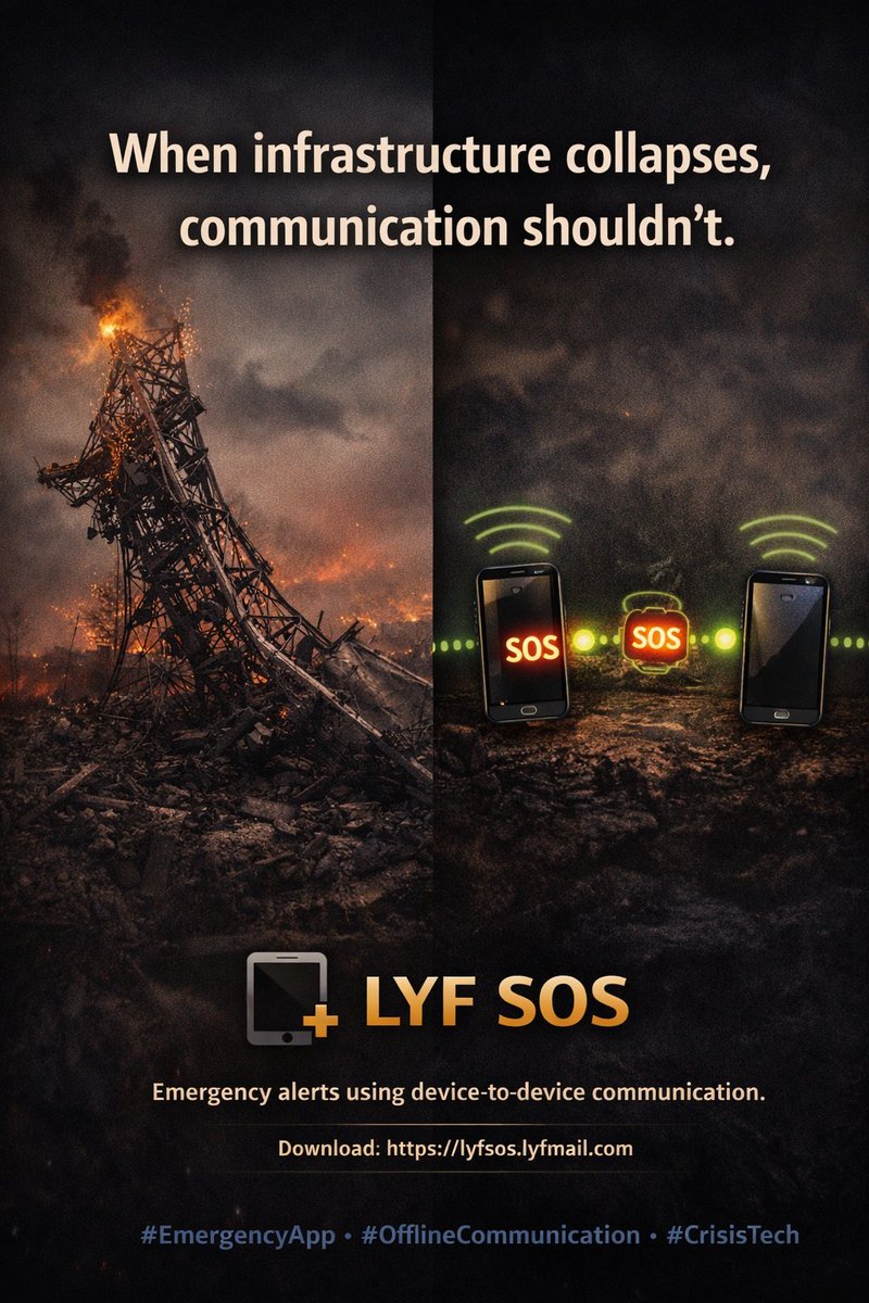 lyfmailcom's tweet image. When infrastructure collapses, communication shouldn't.

📲 LYF SOS uses device-to-device communication to send emergency alerts nearby.

Download
lyfsos.lyfmail.com⁠ 

#EmergencyApp #OfflineTech #DisasterPreparedness #IranIsraelWar