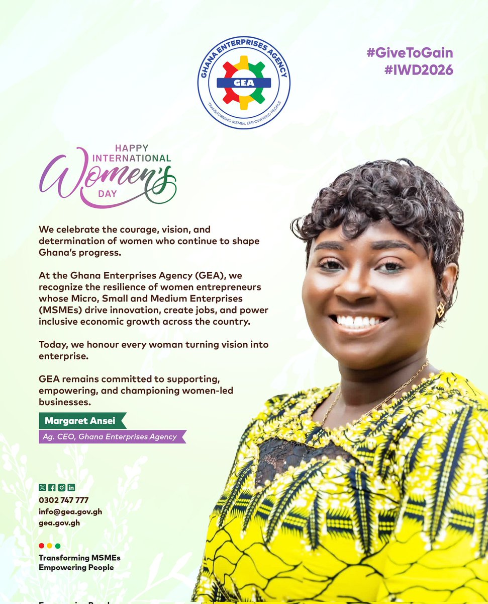 gea_ghana's tweet image. Happy International Women’s Day. We celebrate women driving enterprise and progress across Ghana. GEA remains committed to supporting women-led MSMEs that create jobs and strengthen our economy.
#IWD2026 #GEA #Magoo #MSMEsMatter #WomenEmpowerment