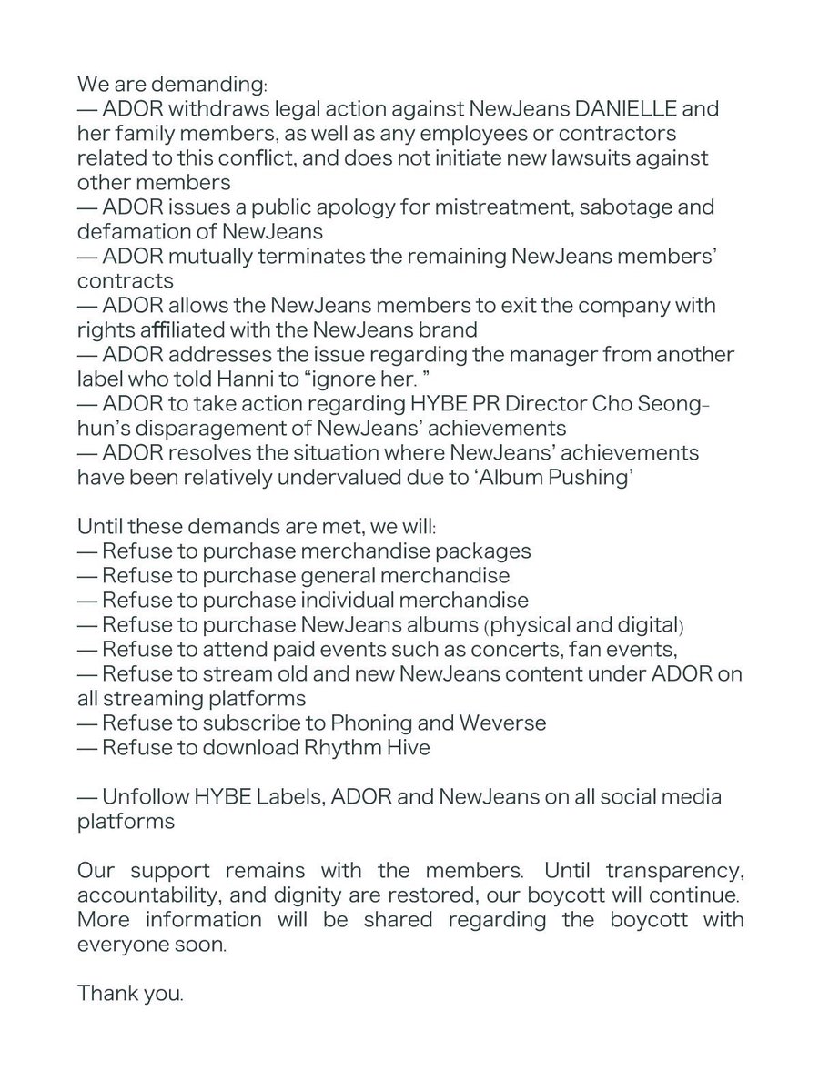‼️WE ARE ANNOUNCING A FULL BOYCOTT OF ADOR AND NEWJEANS CONTENT‼️

WE STAND WITH NEWJEANS
#FreeNewJeans
#NoDanielleNoNewJeans
#AllDoorsAreClosed