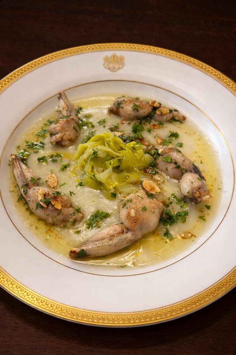 Parfois, quand j’ai de la chance, je peux acheter des cuisses de grenouille à Kinshasa. Je les fais poêler à la meunière. En accompagnement, je prépare un fondant de poireaux et de chou. Je fais une sauce au beurre noisette à l’ail, avec un peu de sauce soja. Pour finir, j’ajoute