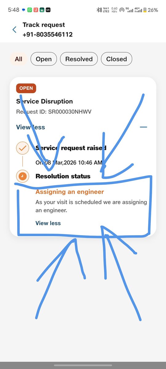 fknrules's tweet photo. @JioCare May be it is hard to focus on ,I am highlighting the issue here again , morning 10:46 am I have raised the request and still no engineer is assigned. https://t.co/mVZd9qxOJk