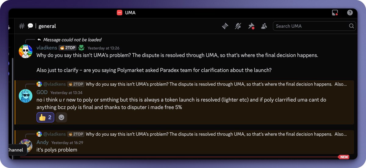 uid127's tweet photo. Two days later, the situation is finally resolved.

@Polymarket settled the bet as “No”, even though the @paradex team confirmed that transferable tokens are not live yet and should launch in the coming days, likely around the Hyperliquid listing.

What is more interesting is @UMAprotocol’s role here. UMA is supposed to provide transparent event resolution. But in their Discord they said that in practice Polymarket tells them how the event should resolve, and they simply follow that.

So the whole “dispute system” looks more like an illusion of transparency than an actual mechanism protecting users.

At the end of the day, Polymarket is just a casino – one where the house controls the rules.

I’m not saying you should ignore it. Just treat it like any other farm: extract what you can, claim the drop, and move on.