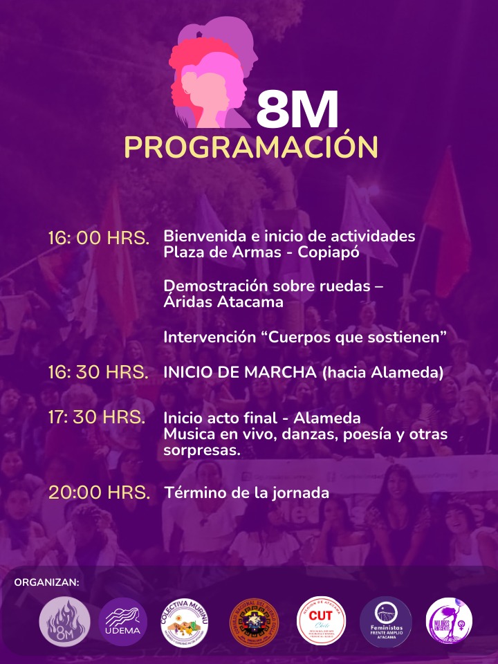 PC_Atacama's tweet photo. Programación 8M en Copiapó.
Saludamos a todas en el Día Internacional de la Mujer.
Mujeres trabajadoras adelante ¡el facismo no pasará! https://t.co/QLkthRRwyN