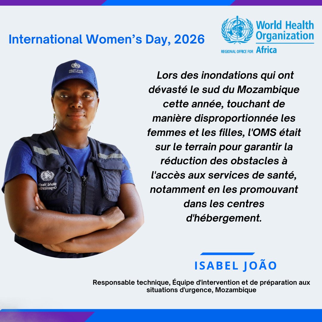 En cette Journée internationale des femmes, nous célébrons Isabel João 👩🏾‍💼, dont l’engagement au Mozambique 🇲🇿 a permis d’assurer l’accès aux services de santé pour les femmes et les filles touchées par les inondations. 🙌🏾

Des femmes qui protègent. Une Afrique plus résiliente !