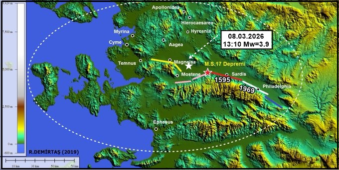 Paleosismolog's tweet photo. Gediz çöküntüsünde Turgutlu (#Manisa) Hamzabeyli civarında, 12 kentin harabeye dönmesine yol açan M.S. 17 "Küçük Asya depremi" olan parçada:
08.03.2026
13:10 Mw=3.9'luk #deprem oldu

MS17 depreminin tekrarlanma aralığı 2000-2500yıl arasında değişmektedir. 

Bu parça SİSMİK BOŞLUK https://t.co/ltROA5Z5kZ