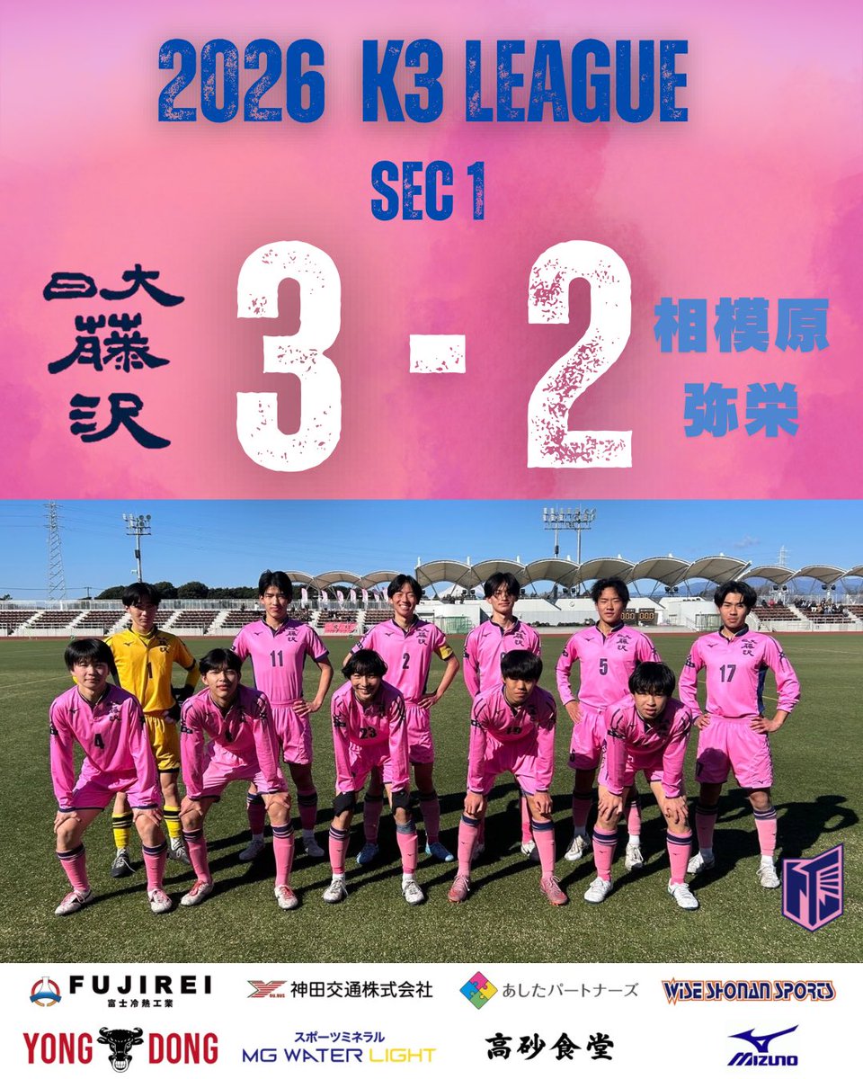 NFFC__OFFICIAL's tweet photo. 🌸K3リーグ🌸　第1節
vs 相模原弥栄高校
3-2

⚽️⚽️澤田ロミオ康介（バディーJY横浜）
⚽️有馬悠斗（FC Kanaloa）

皆様応援ありがとうございました❗️
粘り強く戦い、勝利をすることができました🔥
引き続き応援よろしくお願いします📣

@MIZUNO_FTB_jp 
#日大藤沢
#日大藤沢サッカー部 https://t.co/lKJgG6YJsQ