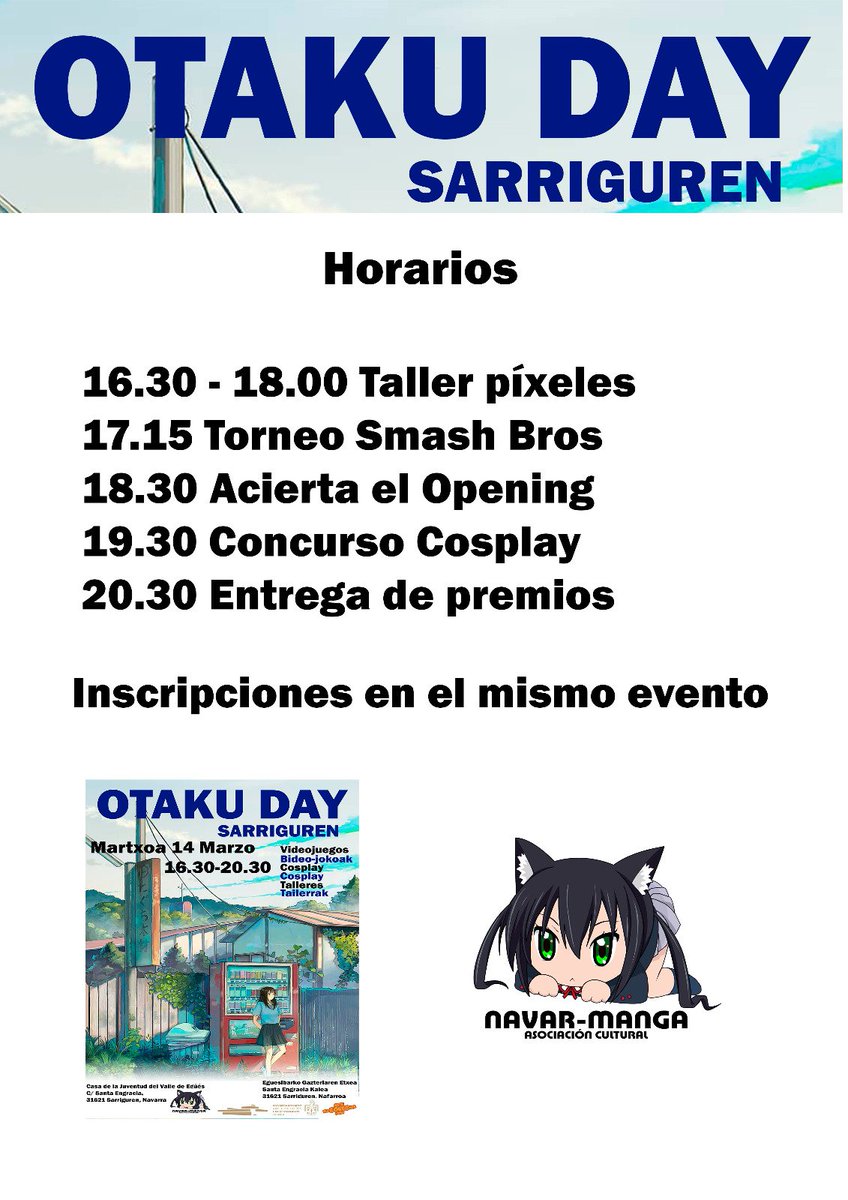 Navar_Manga's tweet photo. Otaku day Sarriguren 
Sábado 14 de marzo
16.30 a 20.30h
Casa de la juventud de Sarriguren
Edades de 12 a 35 años https://t.co/QaTeH1SFXb