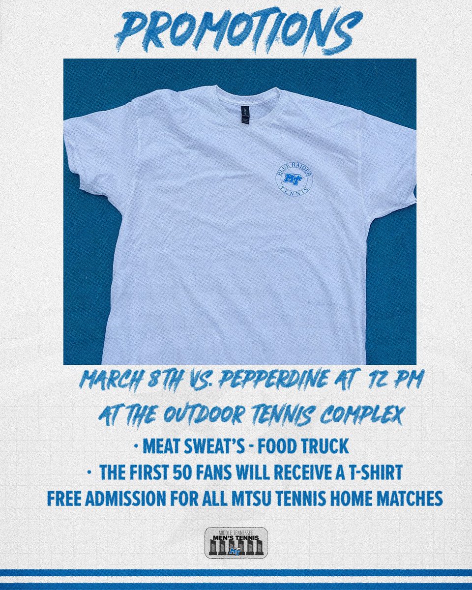 CoachJimmyB's tweet photo. 🎾 Today at noon vs Pepperdine 🌊 on campus and 5pm vs Southern Indiana!  See you soon! Go Blue! #mtsu https://t.co/JtSRpK0XzC