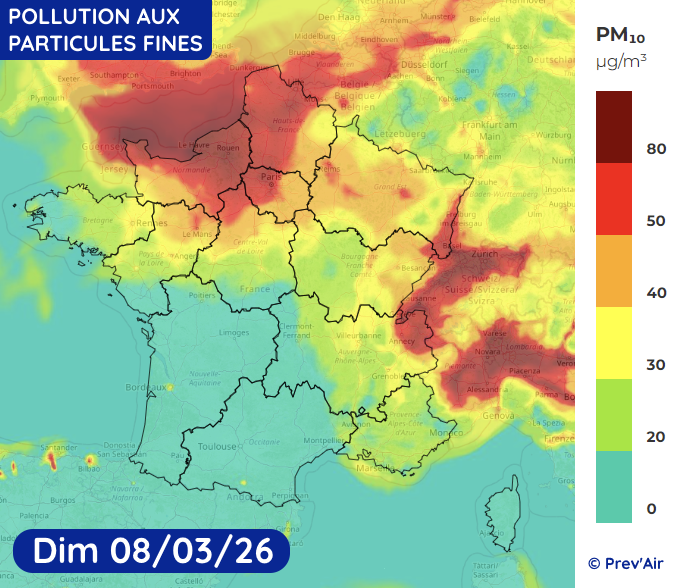 meteo60's tweet image. Un pic de #pollution aux particules fines concerne le nord de la #France, l'Alsace et le nord des Alpes ce week-end. La situation devrait toutefois peu à peu s'améliorer dans les prochains jours. 
Carte via Prév'Air et @MeteoExpress