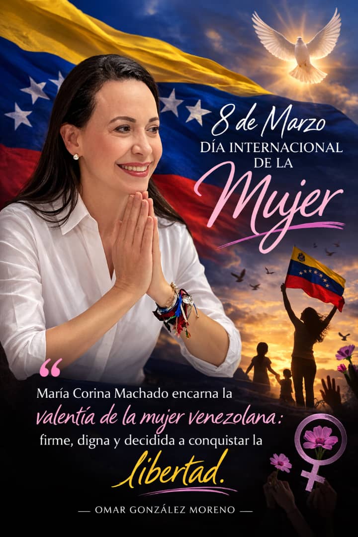 omargonzalez6's tweet photo. Hoy, en el Día Internacional de la Mujer, reconocemos la fuerza de las venezolanas que sostienen la esperanza del país. María Corina Machado encarna la valentía, dignidad y determinación de la mujer venezolana en la lucha por la libertad. https://t.co/ET33JFuBIb