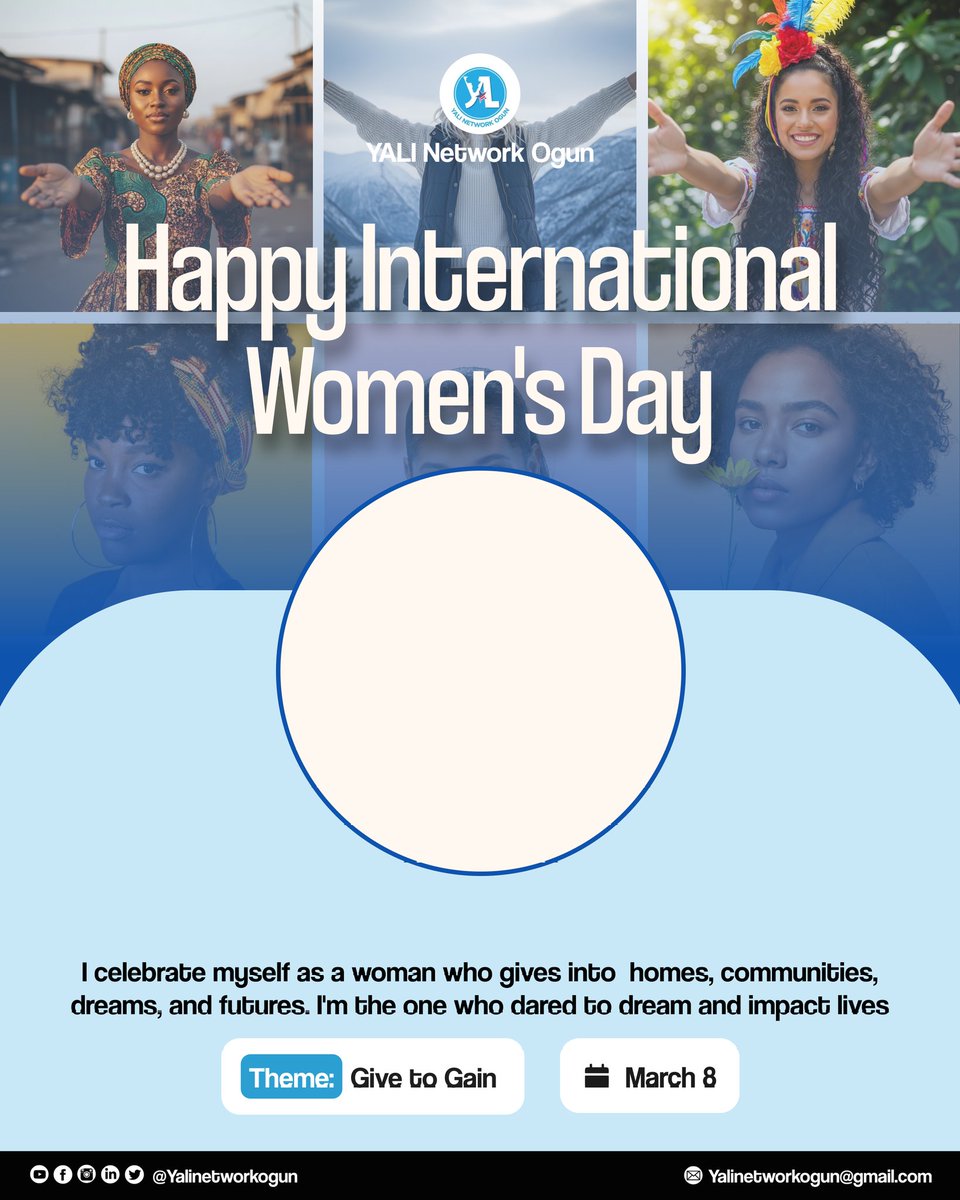 Today is International Women’s Day
We've created a customized design just for you. 
All you have to do is:
💙 Click the link getdp.co/vfZ
Add your picture and Post it 

Don’t forget to tag us
#internationalwomensday #YALInetworkogun #give2gain  #YALInetworknigeria
