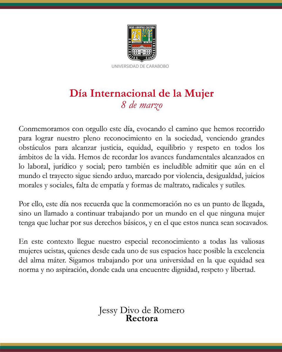 UCarabobo's tweet photo. Mensaje de la rectora de la @UCarabobo , @jessydivo , con motivo del Día Internacional de la Mujer. https://t.co/dxQYbnJmWm