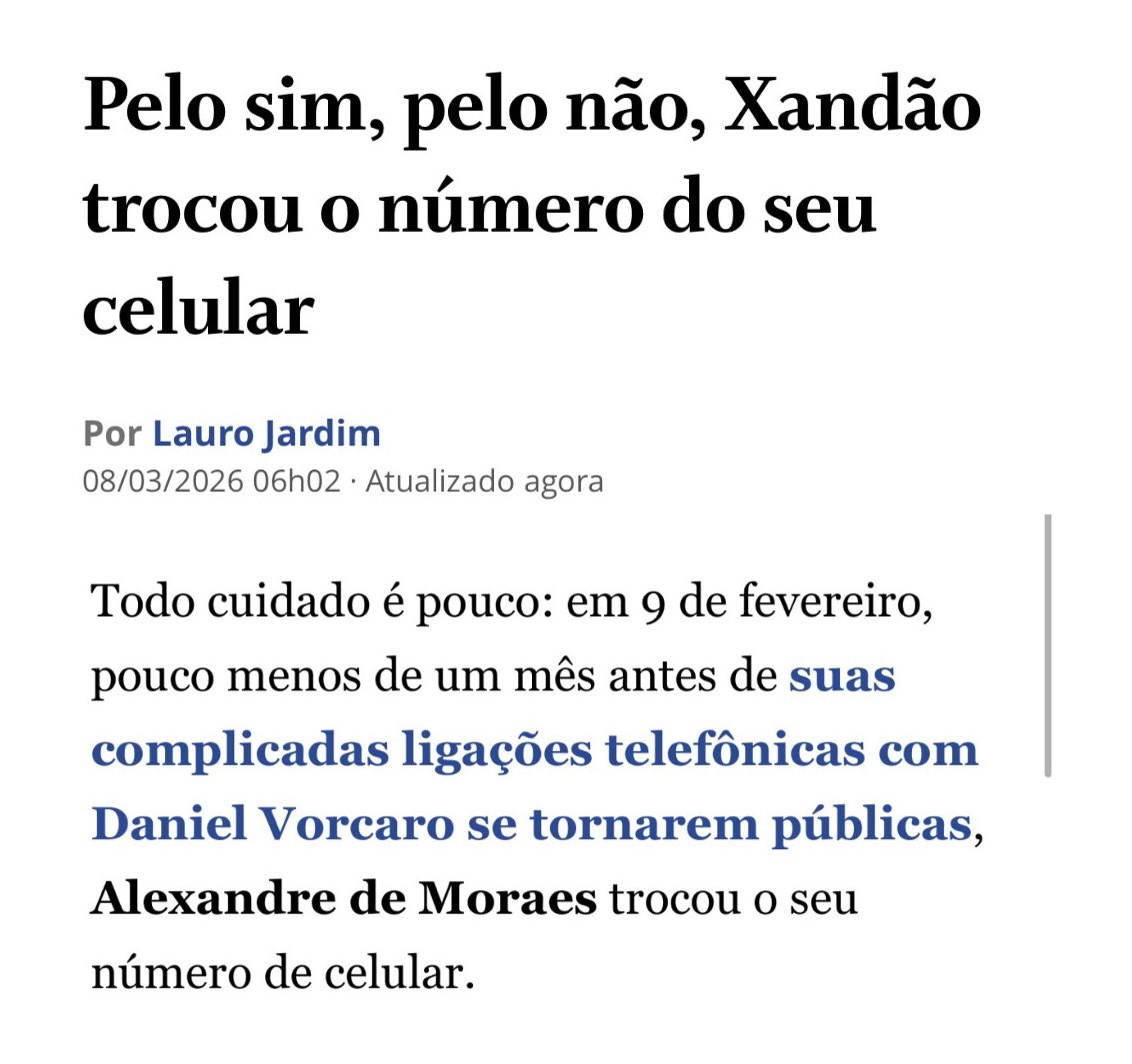 henriolliveira_'s tweet photo. 🚨LAURO JARDIM:

"Pelo sim, pelo não, ALEXANDRE DE MORAES trocou o número de seu celular menos de um mês antes da divulgação de suas mensagens com VORCARO".

Claro que ele fez isso
apenas para SALVAR A DEMOCRACIA! https://t.co/z3yE7oCLax