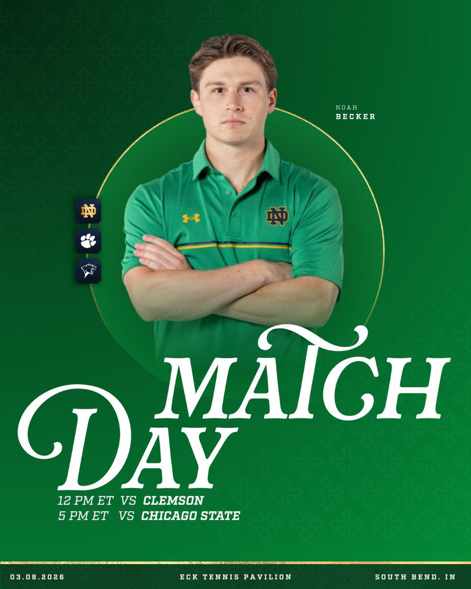 NDMensTennis's tweet photo. 𝗧𝘄𝗼 𝗺𝗮𝘁𝗰𝗵𝗲𝘀. 𝗢𝗻𝗲 𝗵𝗼𝗺𝗲 𝗰𝗼𝘂𝗿𝘁.

🆚 Clemson | Chicago State
⏰ 12 pm | 5 pm
📆 Mar 8, 2026
🏟️ Eck Tennis Pavilion

🎥 https://t.co/Jb0kZntZE8

#GoIrish ☘️ https://t.co/MuLf5KkFLv