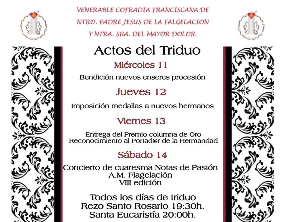 TRIDUO I Convocamos a hermanos, fieles y devotos,la semana que vienen a los cultos en la iglesia Arciprestal del Sagrado Corazon,en honor a nuestros  Sagrados titulares. 
Los días 11,12,13 el triduo.
Día 14 de Marzo la Función Solemne.
