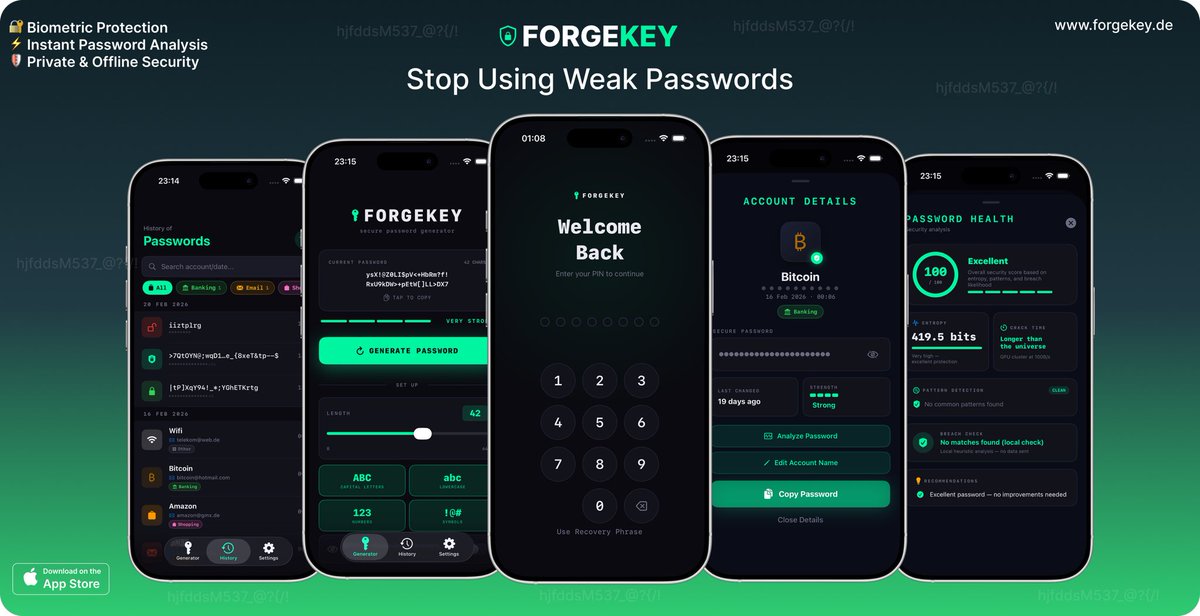 App_Designer2's tweet photo. Meet ForgeKey

Generate strong passwords, analyze their security, and keep everything protected with biometric authentication and a secure PIN.

Private. Powerful. Built for real security.

https://t.co/r8lBmt9oit

#iOS #CyberSecurity #Privacy #PasswordManage #securekey #forgekey https://t.co/6RAXcKYQAL