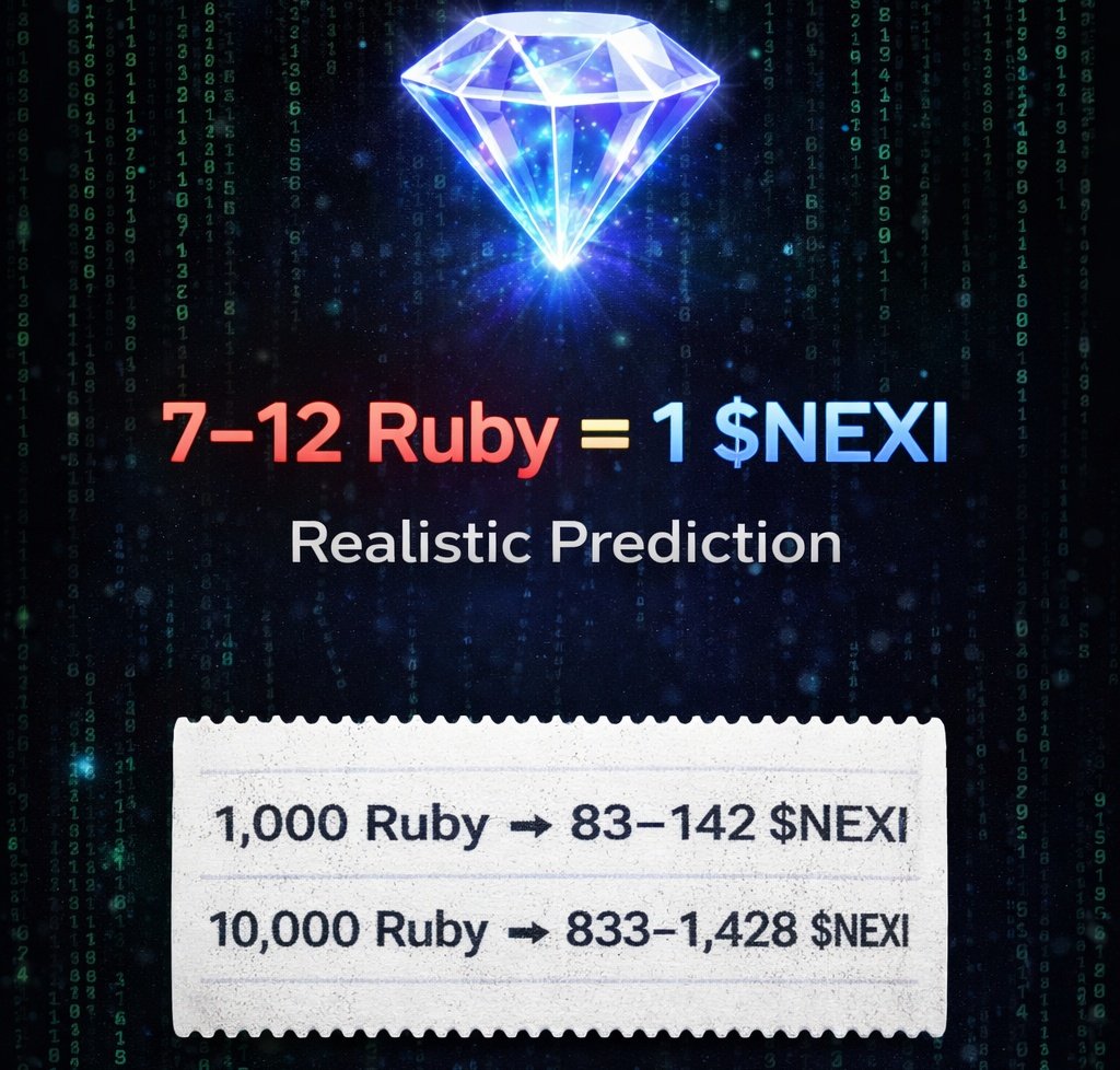 🔥 NEXIRA $NEXI AIRDROP – REALISTIC PREDICTION 🔥

Many are expecting 3–5 Ruby = 1 $NEXI
But here's the realistic truth 👇

📊 7–12 Ruby = 1 $NEXI

💎 Your Ruby = Your $NEXI:

1,000 Ruby → ~83–142 $NEXI
5,000 Ruby → ~416–714 $NEXI
10,000 Ruby → ~833–1,428 $NEXI

💰 At $2–$5