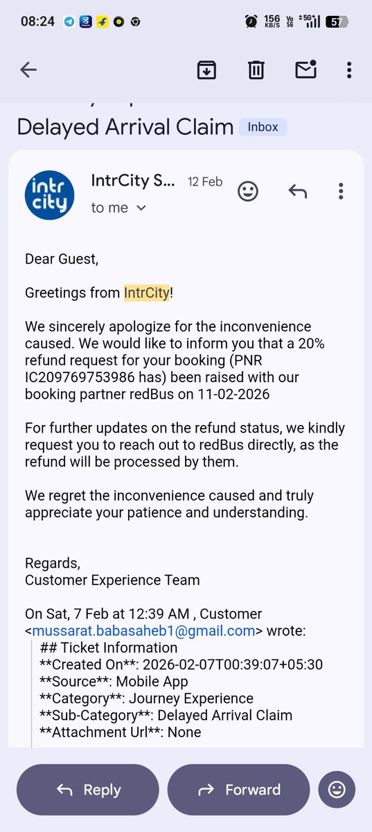 mussarat_baba's tweet image. Dear Support,

I had booked intrcity bus as per above ID the bus short closed the journey in Pune.

Operator had initiated the refund but the same is not received by me.

Attached screenshot for your reference 
@redbus
 #redbus
@redBus_in