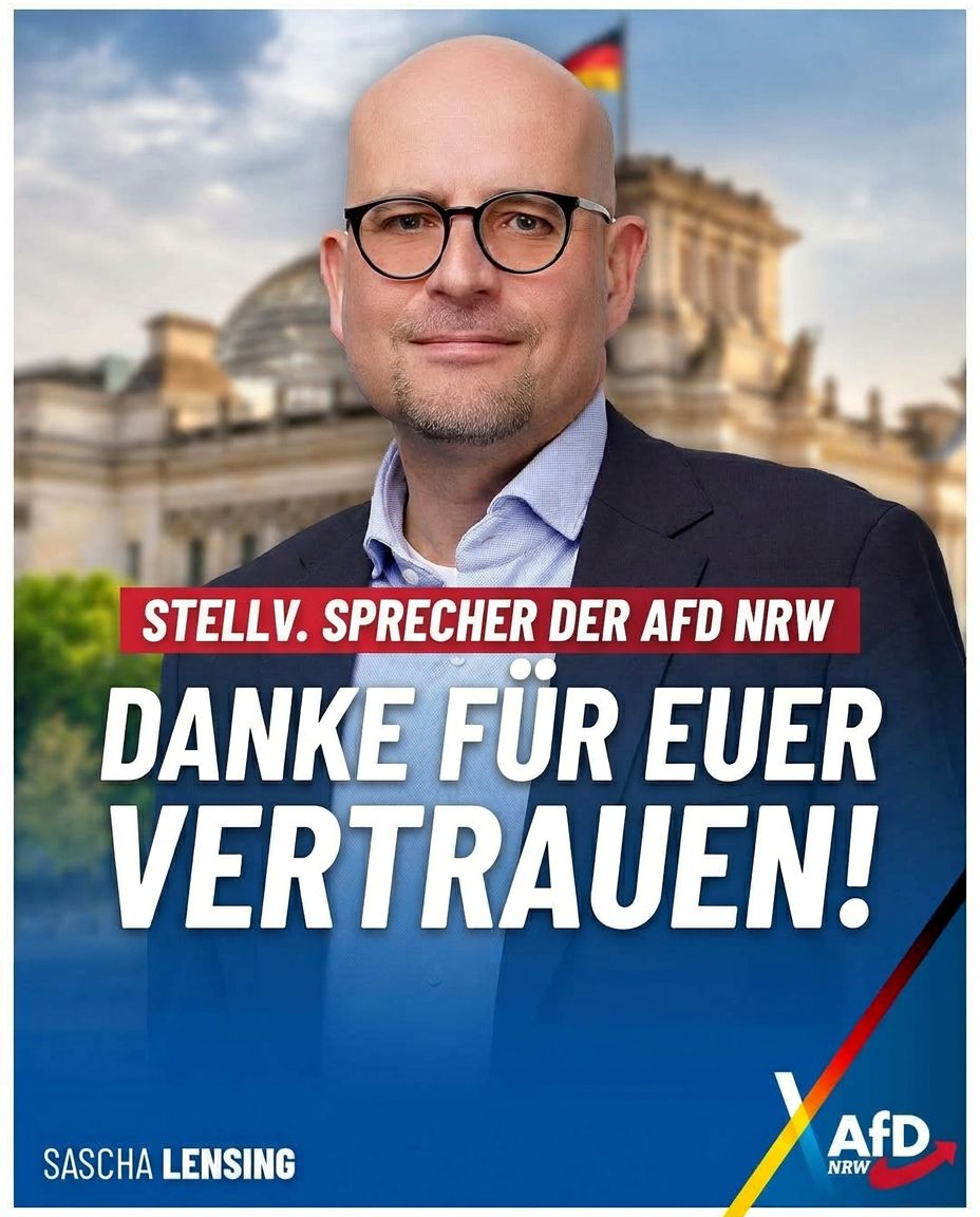 Herzlichen Dank Euch für Euer Vertrauen! Gestern wurde ich zum 2. stellvertretenden Landessprecher der AfD NRW gewählt. Es ist mir eine besondere Ehre! 🤝🏻🇩🇪👍🏻