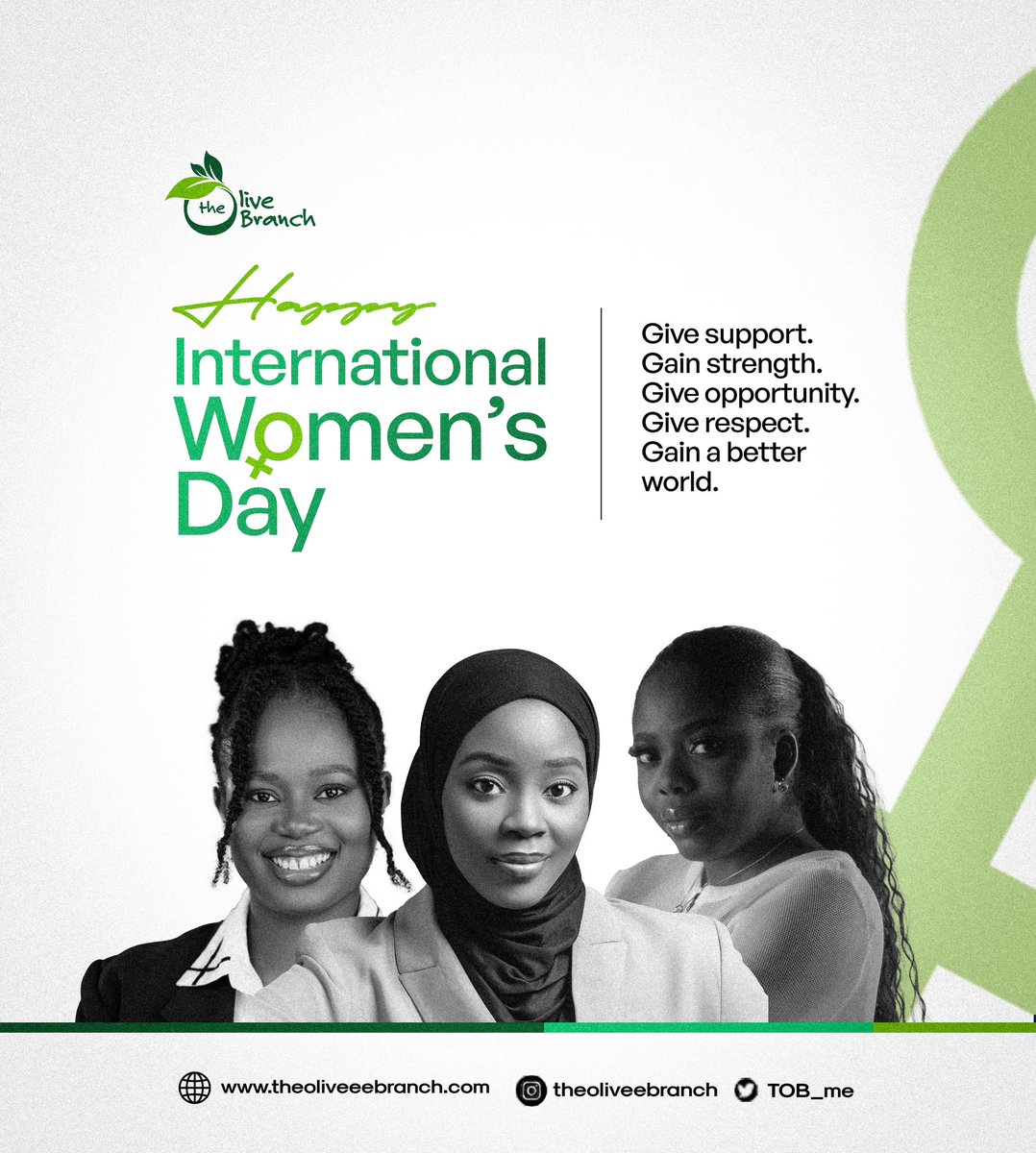 TOB_me_'s tweet photo. May you keep rising, choosing growth, and becoming everything you were meant to be.
Happy International Women’s Day from all of us at the Olive Branch!💚🎉 https://t.co/jsjJi1jLwV