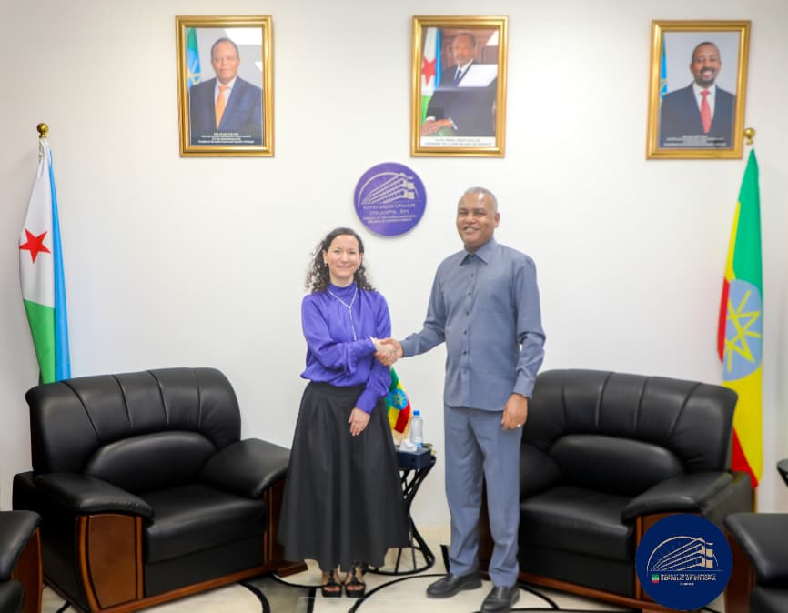 ETEmbassyJIB's tweet photo. H.E. Amb. Legesse Tulu (PhD) met with Ms. Tanja Pacifico, IOM Chief of Mission to Djibouti. In their discussions, they reaffirmed a shared commitment to strengthening support for 🇪🇹 migrants and enhancing conditions for their safe, orderly, and voluntary return. @DjiboutiIom https://t.co/uxwTiuHtH7