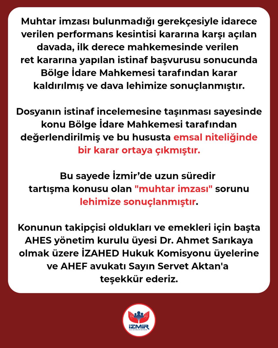 izahedorgtr's tweet photo. Muhtar imzası bulunmadığı gerekçesiyle idarece verilen performans kesintisi kararına karşı açılan davada, ilk derece mahkemesinde verilen ret kararına yapılan istinaf başvurusu sonucunda Bölge İdare Mahkemesi tarafından karar kaldırılmış ve dava lehimize sonuçlanmıştır.

Dosyanın istinaf incelemesine taşınması sayesinde konu Bölge İdare Mahkemesi tarafından değerlendirilmiş ve bu hususta emsal niteliğinde bir karar ortaya çıkmıştır.

Bu sayede İzmir’de uzun süredir tartışma konusu olan "muhtar imzası" sorunu lehimize sonuçlanmıştır.

Konunun takipçisi oldukları ve emekleri için başta AHES yönetim kurulu üyesi Dr. Ahmet Sarıkaya olmak üzere İZAHED Hukuk Komisyonu üyelerine ve AHEF avukatı Sayın Servet Aktan'a teşekkür ederiz.