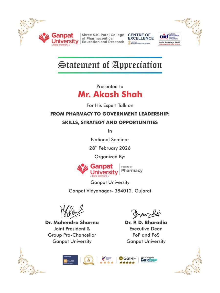 Delighted to deliver an expert session at <a href="/Ganpat_Uni/">Ganpat University (GUNI), India</a>  on “From Pharmacy to Government Leadership: Skills, Strategy &amp; Opportunities.”

Interacted with pharmacy students on exploring careers in governance, public policy, and healthcare systems beyond traditional pathways.