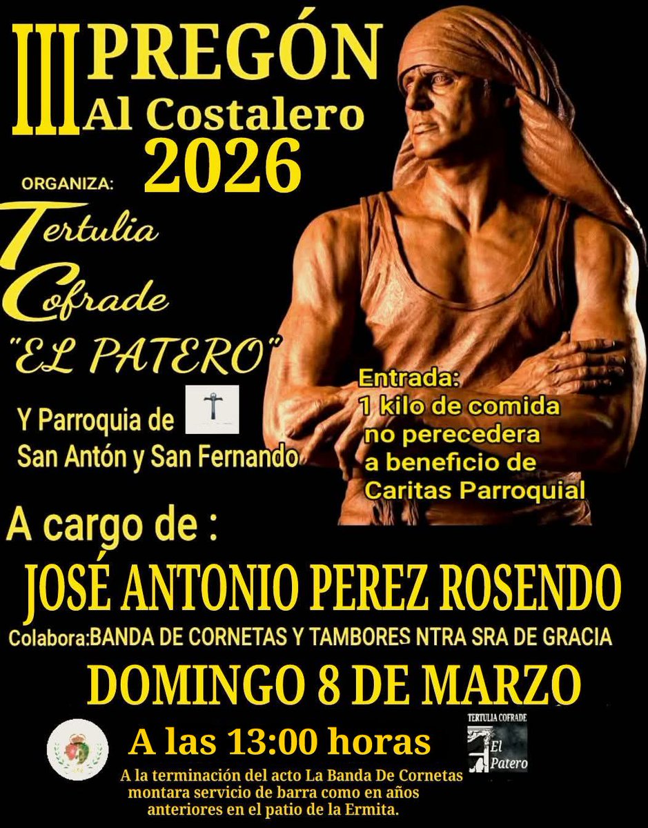 Desde San Antón, III Pregón al costalero de la tertulia cofrade " El Patero". A cargo de José Antonio Pérez Rosendo, presentado por su hijo José Antonio y Juan Ramón Cortázar y con el acompañamiento musical de la banda de cornetas y tambores Ntra Sra Gracia. <a href="/turismocarmona/">Turismo Carmona</a>